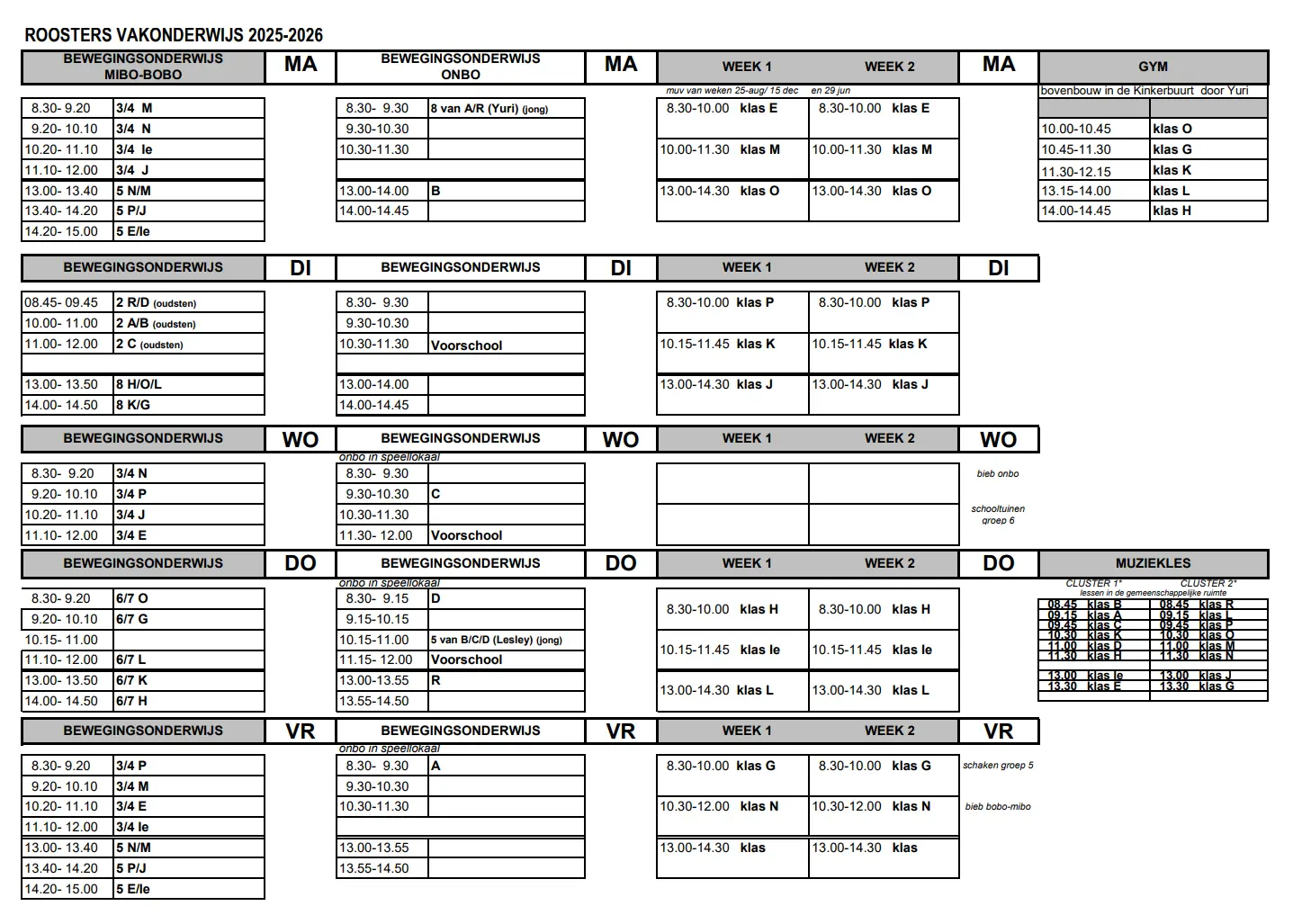 Rooster vakonderwijs